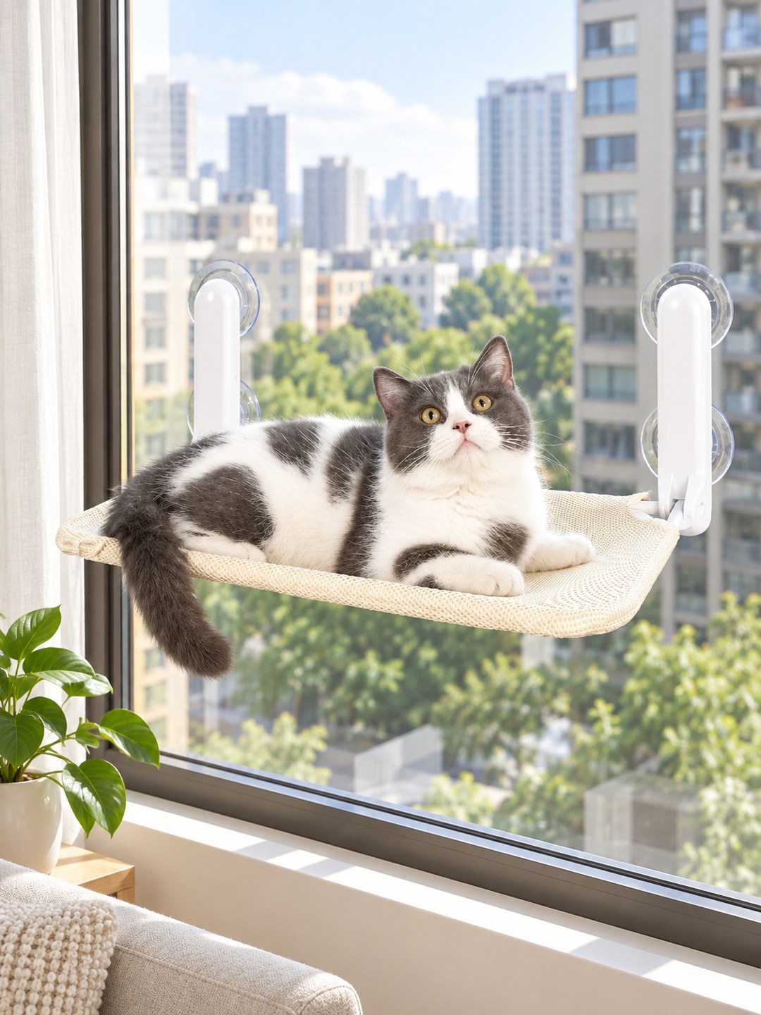 Havomi SkyNest Foldable Window Cat Hammock - cream mesh