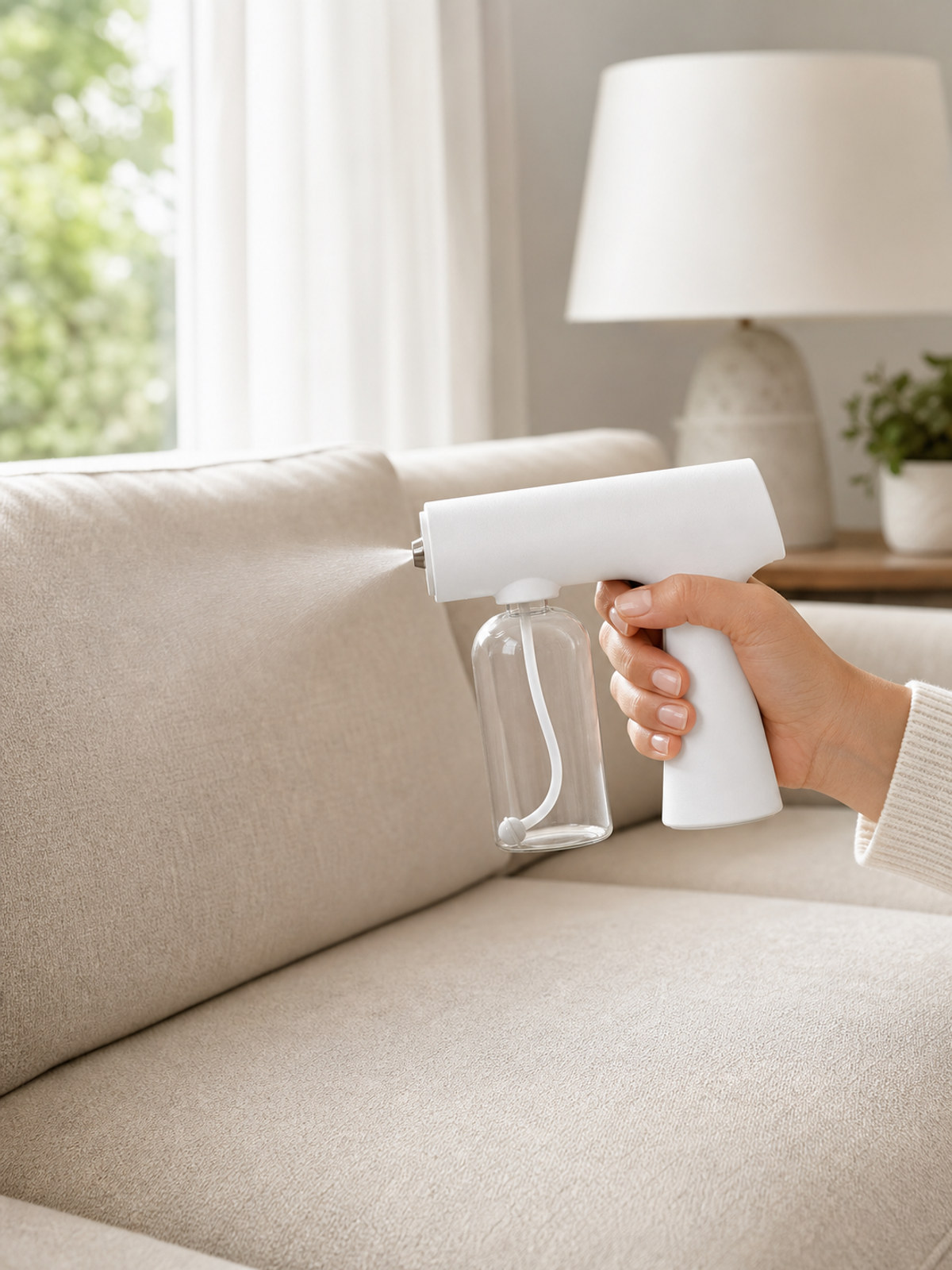 Portable Nano Mist Sprayer refreshing a fabric sofa cushion