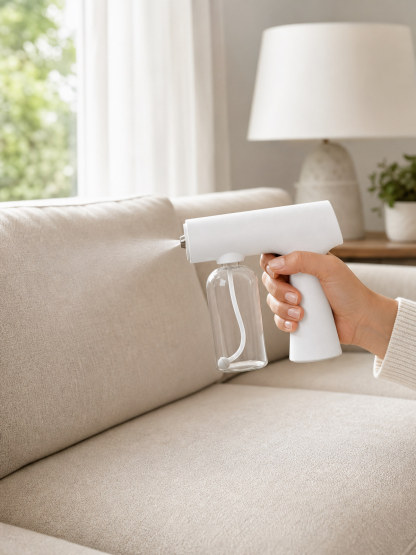 Portable Nano Mist Sprayer refreshing a fabric sofa cushion