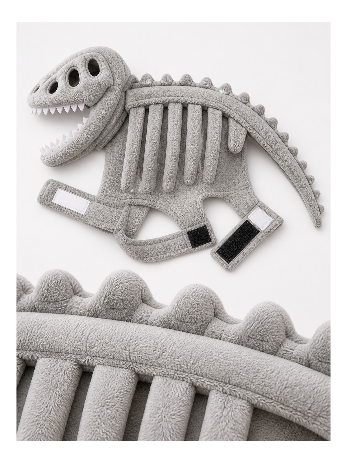 Close view of the soft plush skeleton costume construction