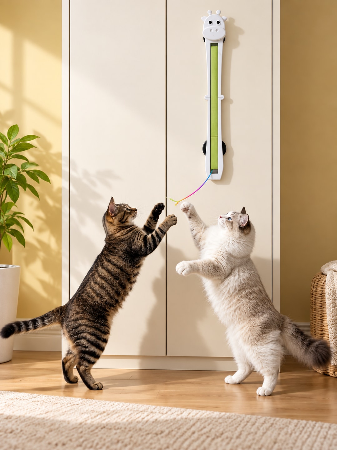 Two cats batting at the moving cord of the white automatic flying rope toy