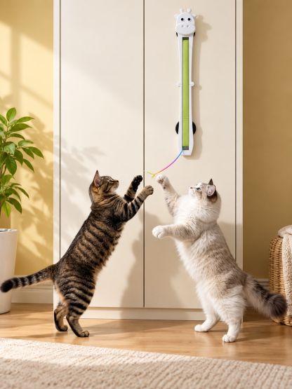 Two cats batting at the moving cord of the white automatic flying rope toy
