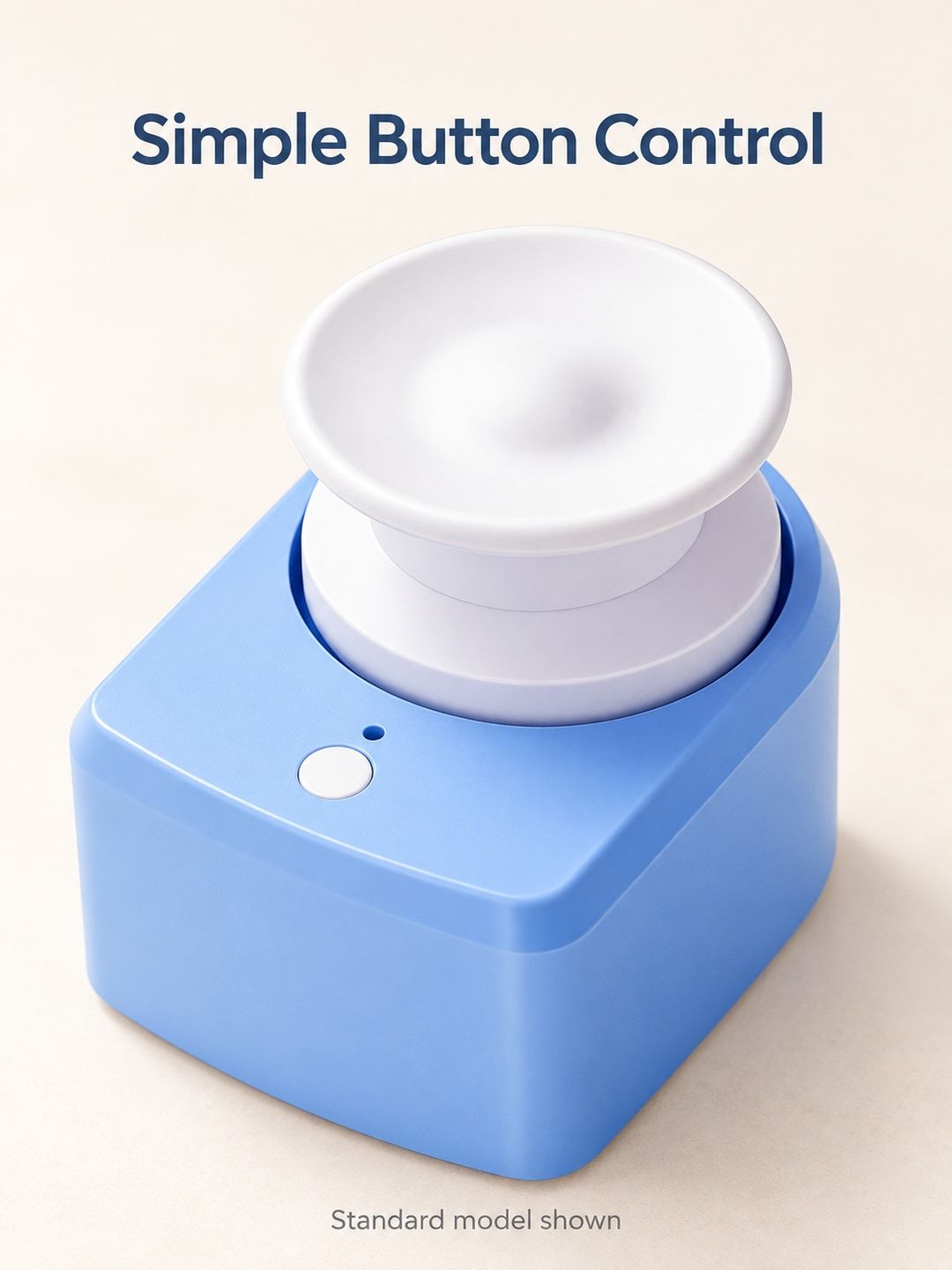 Close-up of the standard blue cat chaser powered base, white spool and single control button
