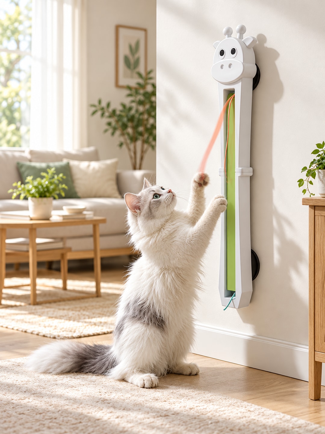 Cat reaching for the moving cord on a white wall-mounted automatic rope toy