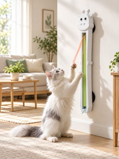 Cat reaching for the moving cord on a white wall-mounted automatic rope toy
