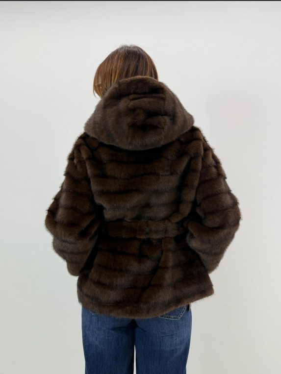 Brown Faux Fur Hooded Coat with Belt