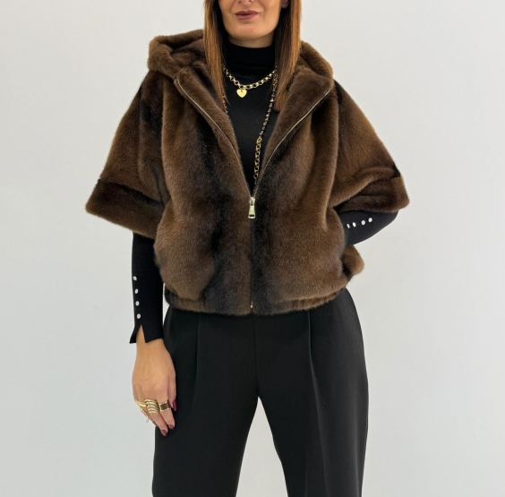Brown Faux Fur Hooded Cape Jacket