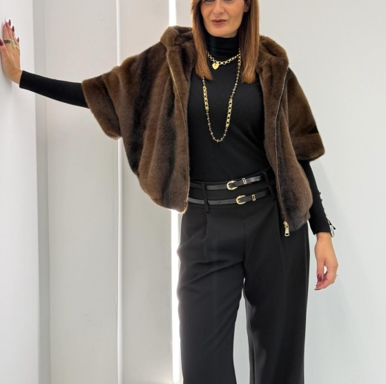 Brown Faux Fur Hooded Cape Jacket