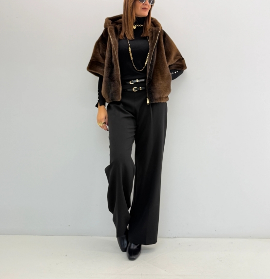 Brown Faux Fur Hooded Cape Jacket