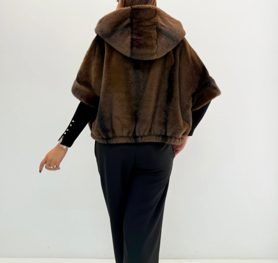 Brown Faux Fur Hooded Cape Jacket