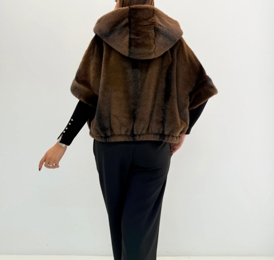 Brown Faux Fur Hooded Cape Jacket
