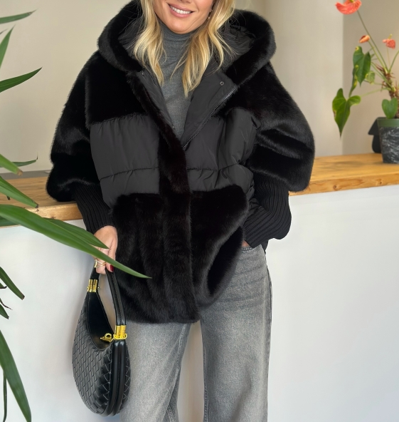 Black Faux Fur & Puffer Hybrid Coat with Hood