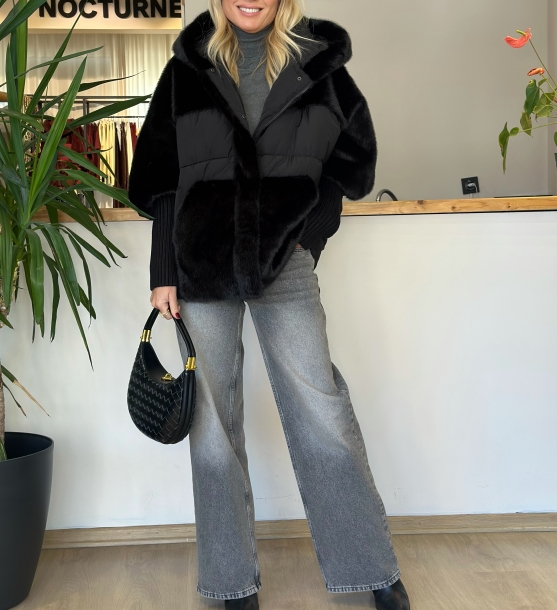 Black Faux Fur & Puffer Hybrid Coat with Hood