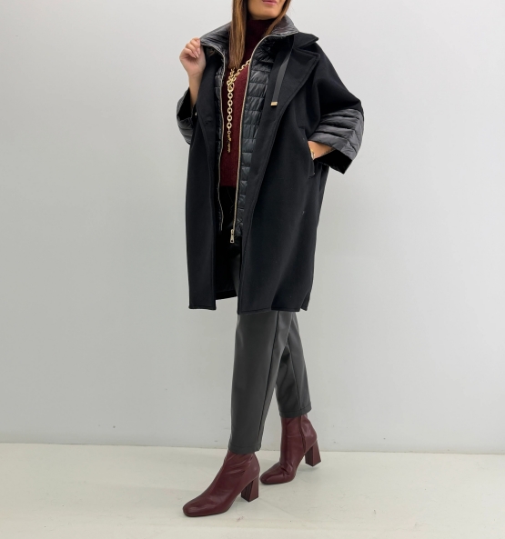 Black Long Coat with Quilted Sleeve & Collar Details