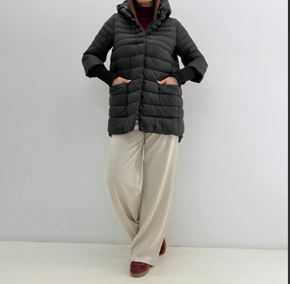 Charcoal Grey Quilted Puffer Jacket with Hood