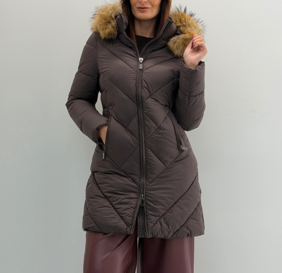 Mauve Long Puffer Coat with Faux Fur Hood