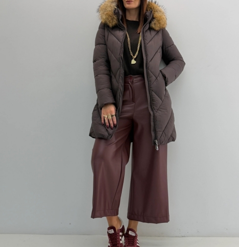 Mauve Long Puffer Coat with Faux Fur Hood
