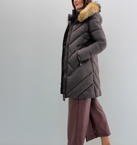 Mauve Long Puffer Coat with Faux Fur Hood