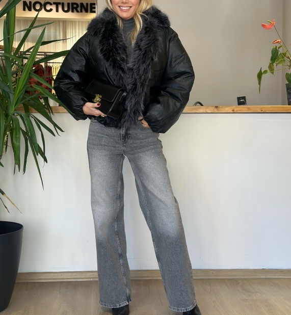 Black Faux Fur Trimmed Puffer Jacket with Oversized Silhouette