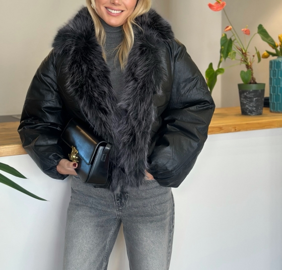 Black Faux Fur Trimmed Puffer Jacket with Oversized Silhouette