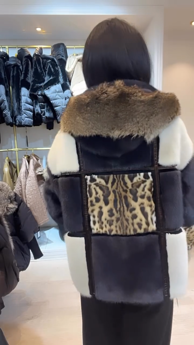 Multicolor Patchwork Faux Fur Hooded Jacket