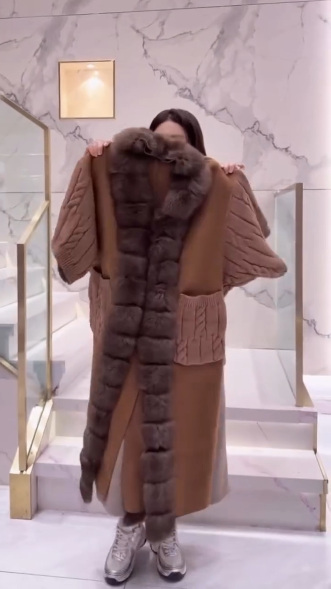 Olive Gray Puffer Coat with Oversized Black Faux Fur Hood & Contrast S