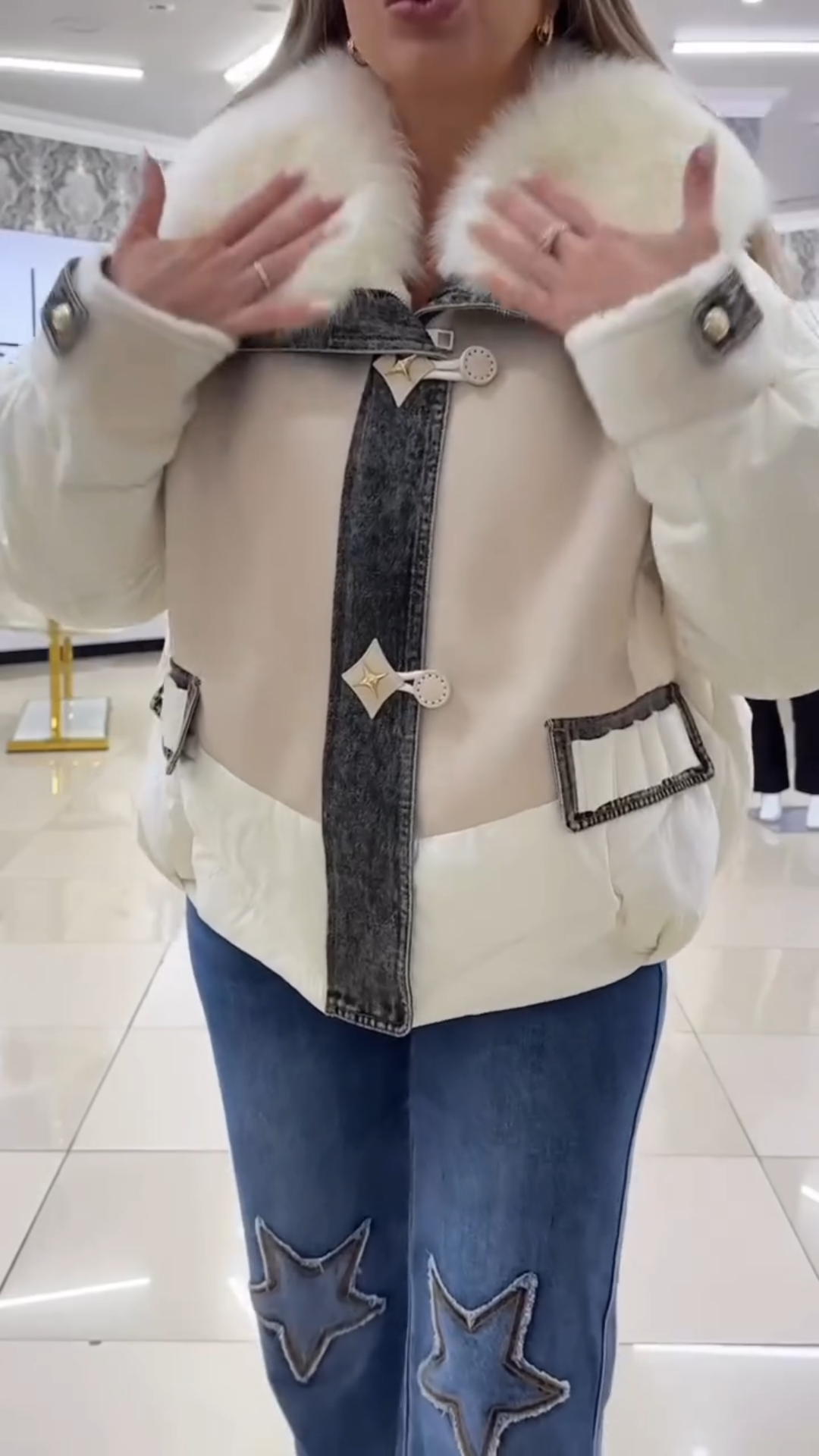 Cream Puffer Jacket with White Faux Fur Collar & Denim Accents