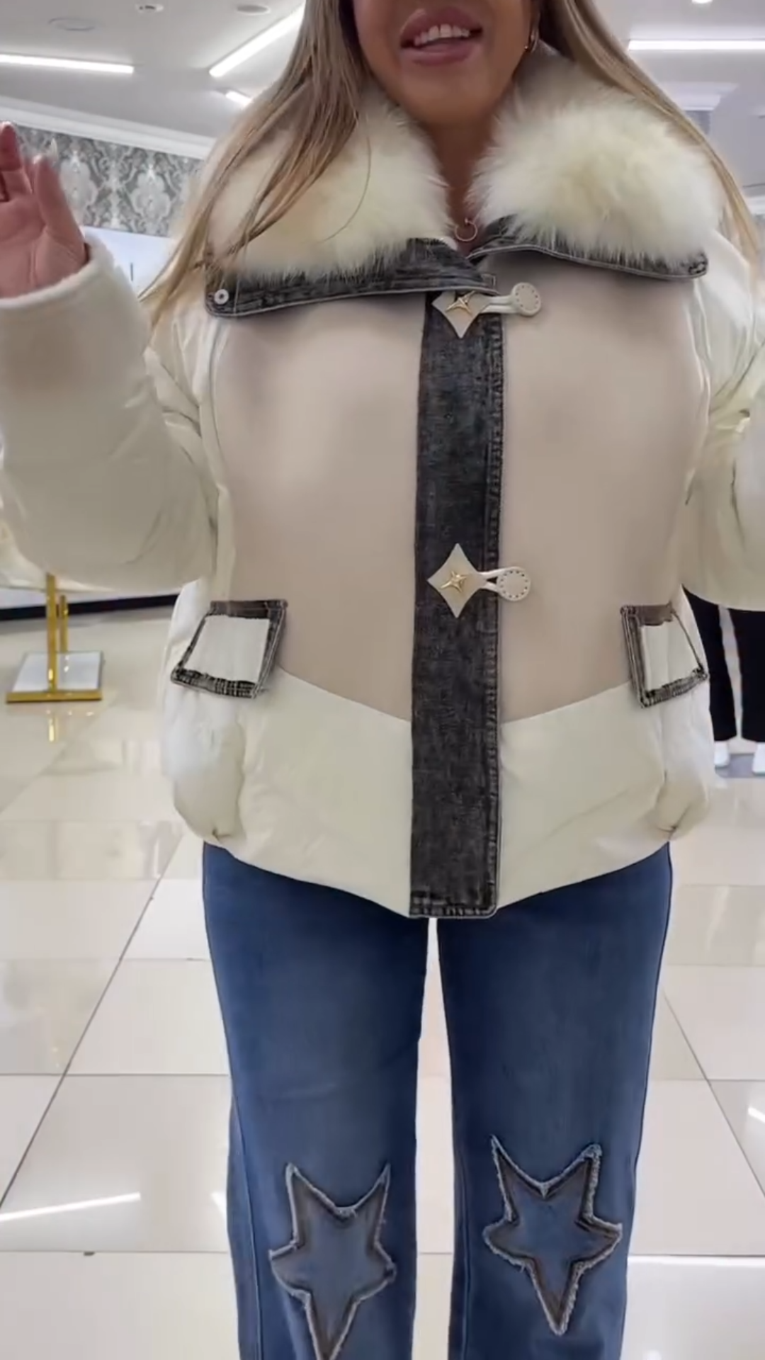 Cream Puffer Jacket with White Faux Fur Collar & Denim Accents