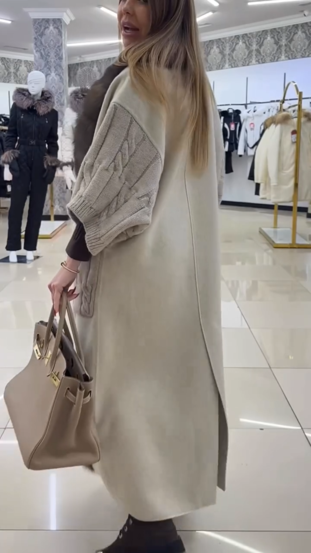 Taupe Longline Cape Coat with Wide Chinchilla Fur Panels