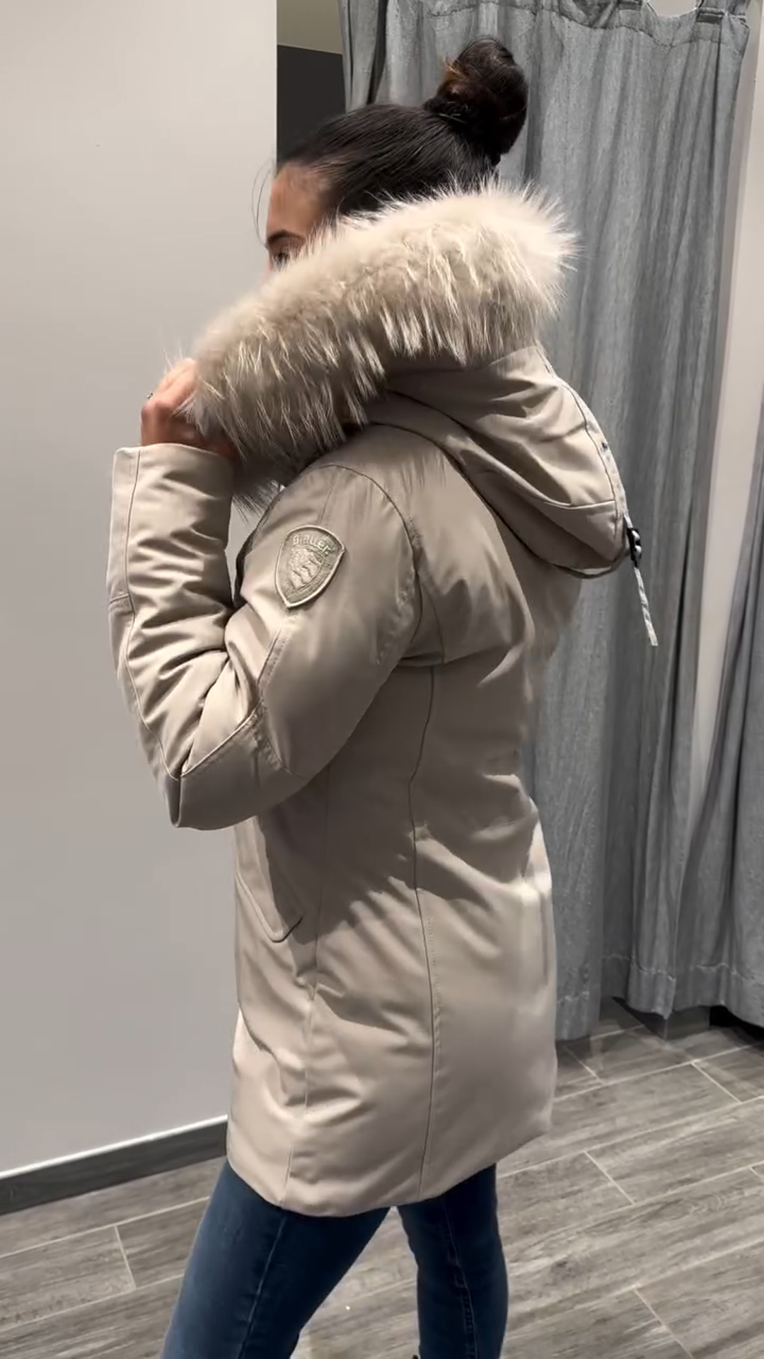 Cream - Colored Down Coat with Faux Fur Hood