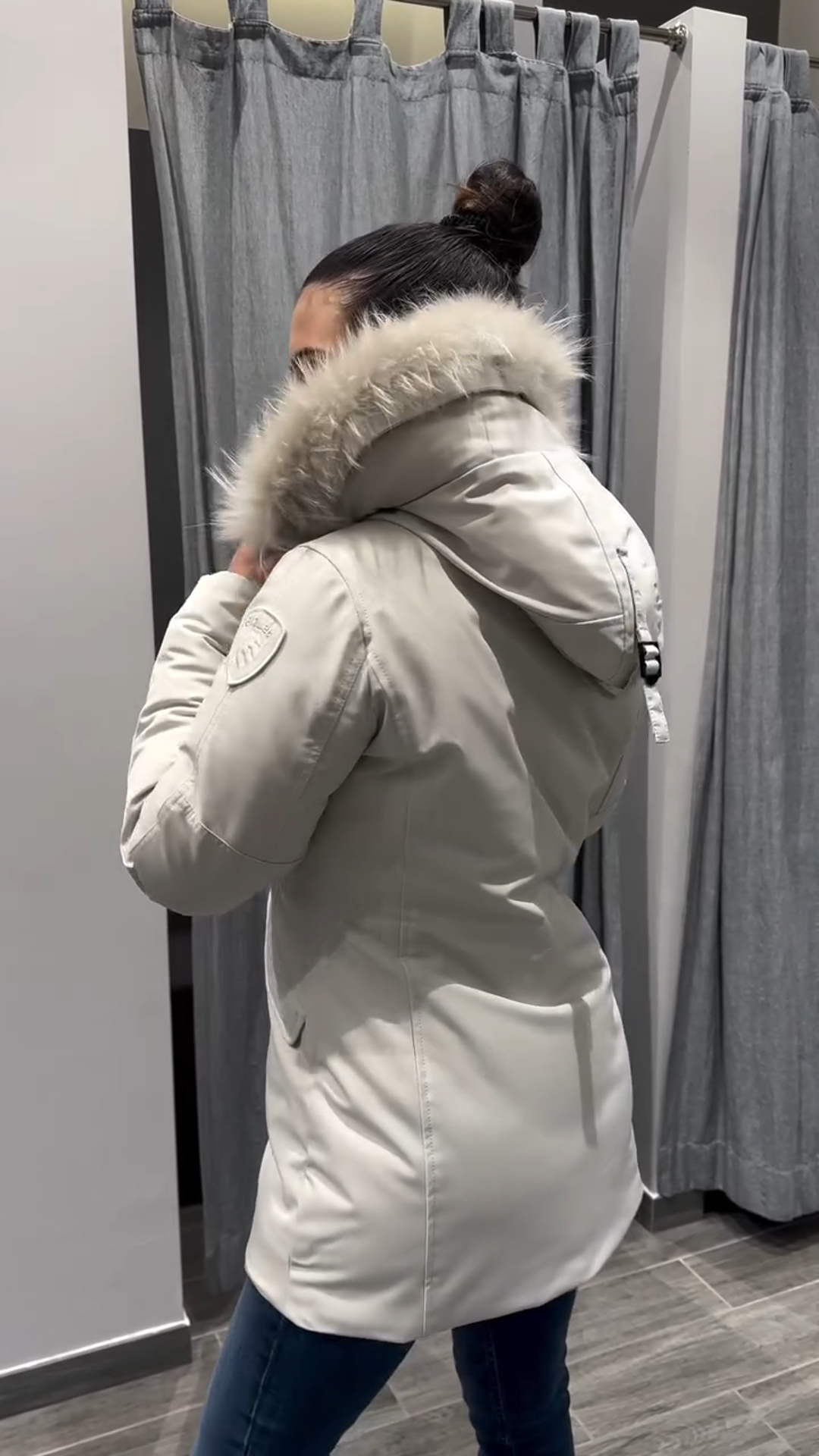 Cream - Colored Down Coat with Faux Fur Hood