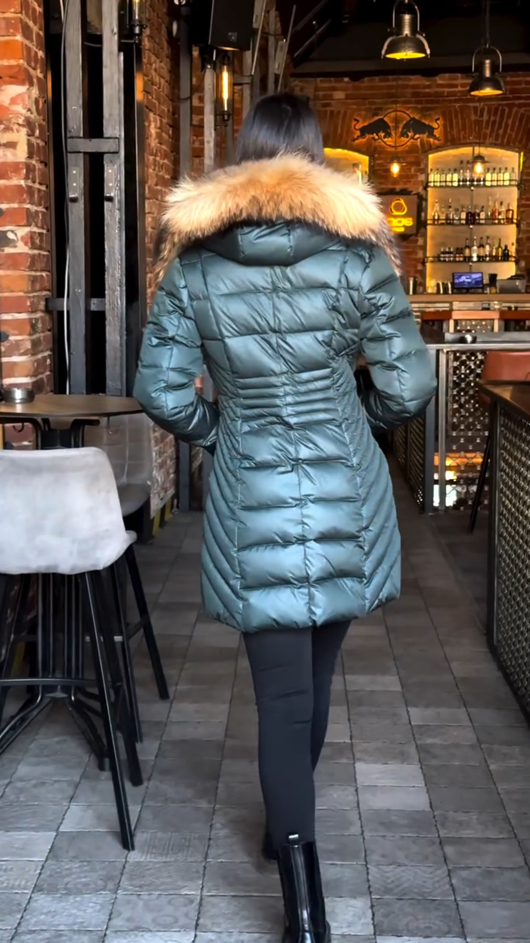 Teal Green Quilted Puffer Coat with Faux Fur - Trimmed Hood