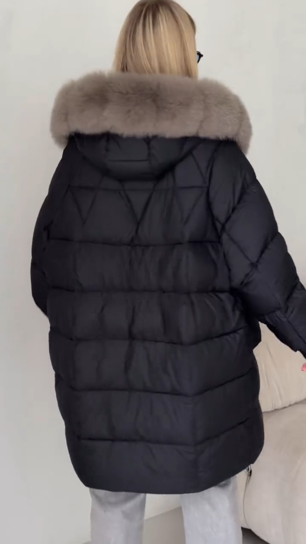 Elegant Black Down Coat with Plush Grey Accent