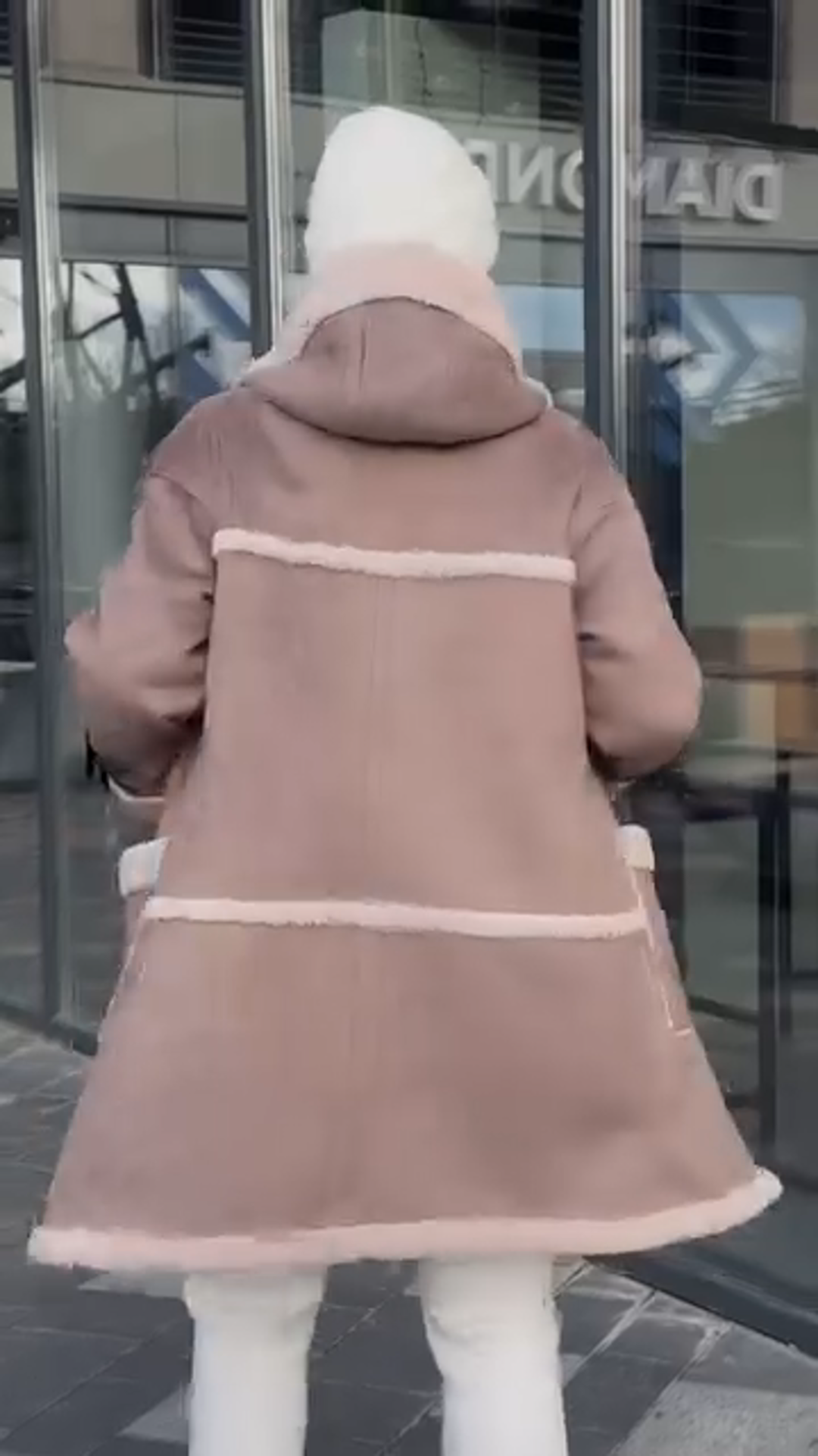 Blush Pink Long Shearling Coat with Hood