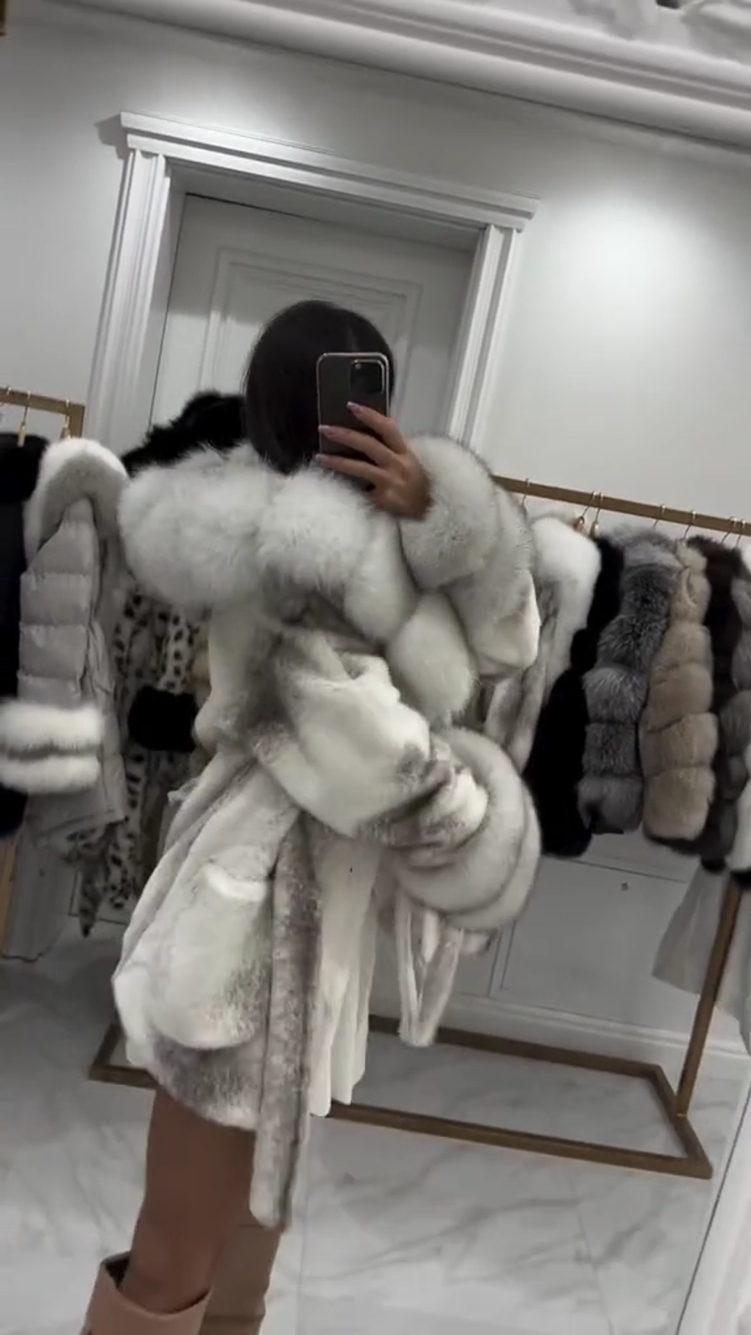 White and Grey Faux Fur Short Coat with Belt