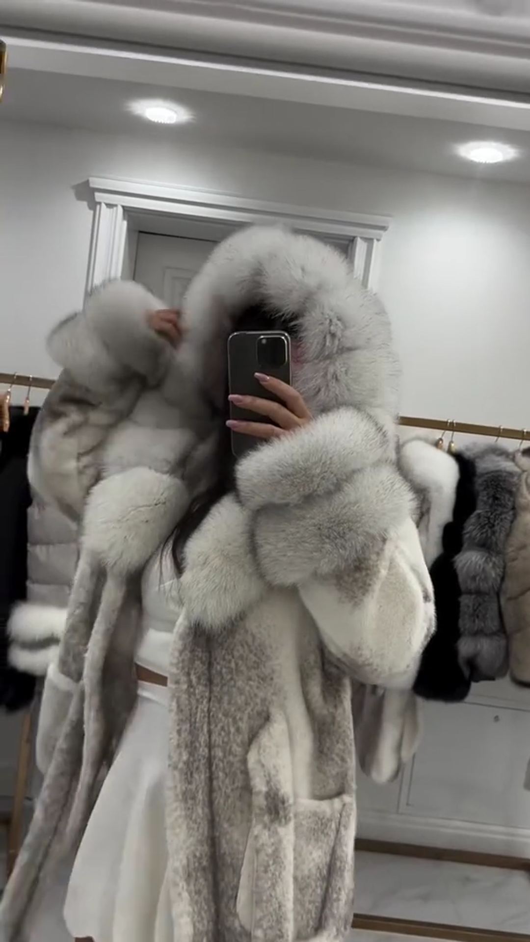 White and Grey Faux Fur Short Coat with Belt