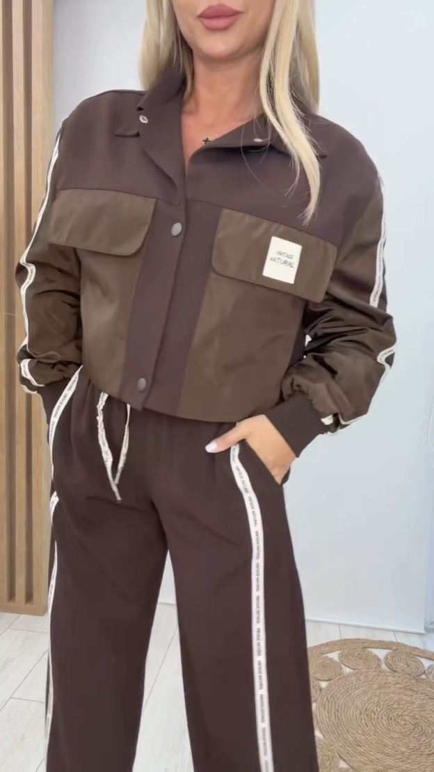 Chocolate Brown Oversized Two-Piece Set: Button-Up Shirt + Wide Leg Pants with Tape Detail