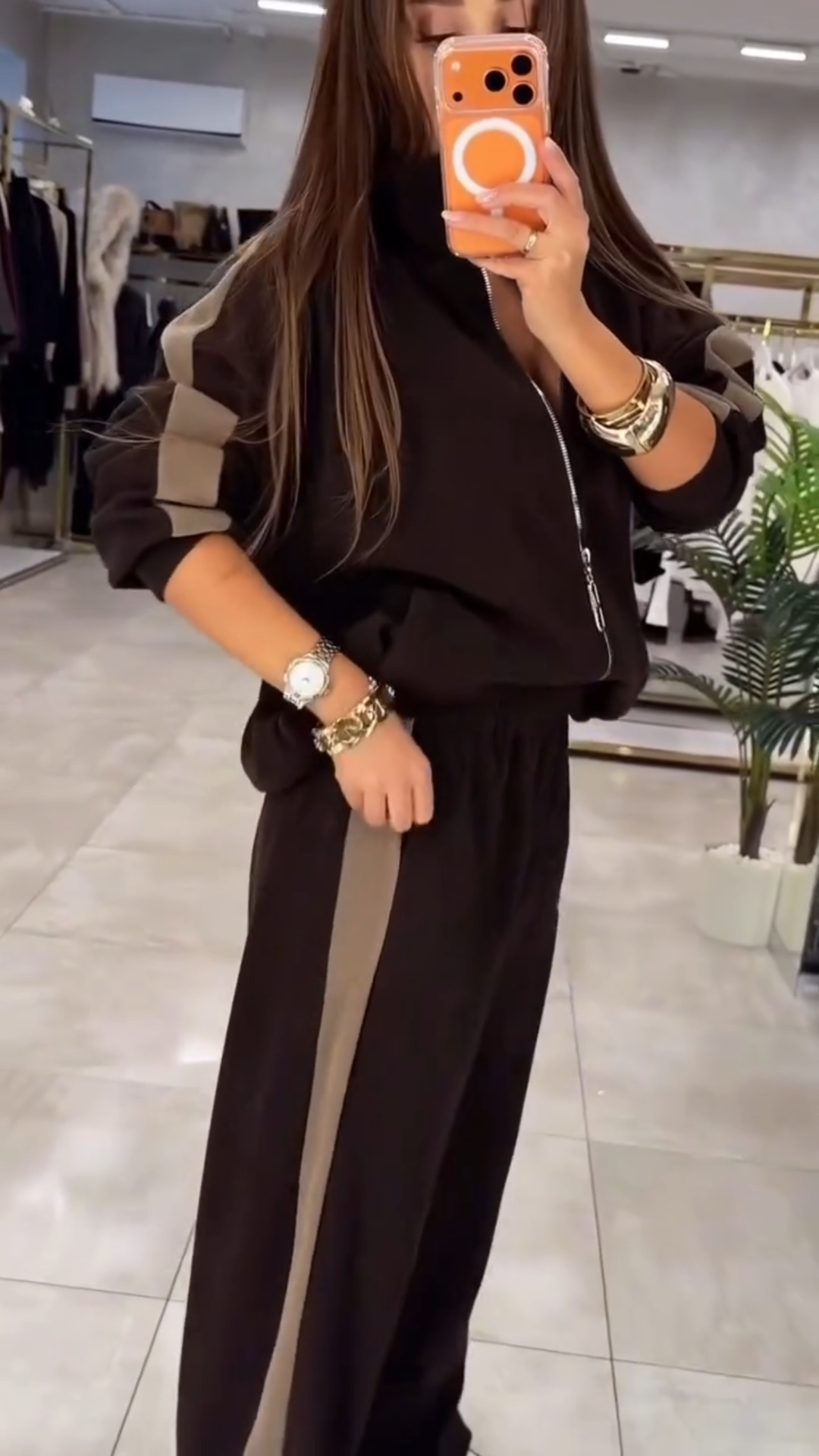 Black & Mocha Striped Oversized Tracksuit: Zip-Up Jacket + Wide Leg Pants Two-Piece Set