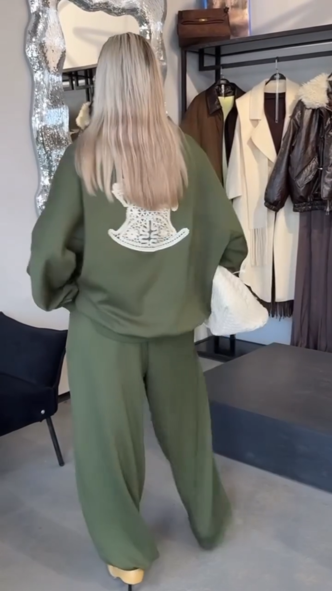 Olive Green Oversized Half-Zip Tracksuit: Embroidered Top + Wide Leg Pants Two-Piece Set