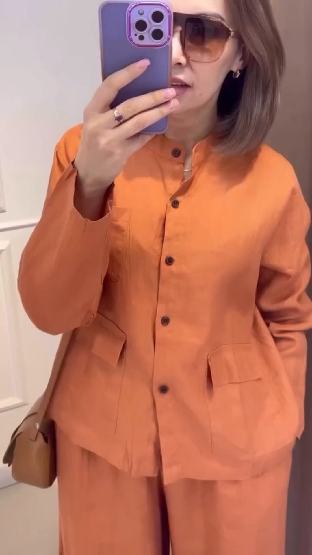 Terracotta Linen Two-Piece Set: Button-Up Shirt + Wide Leg Pants