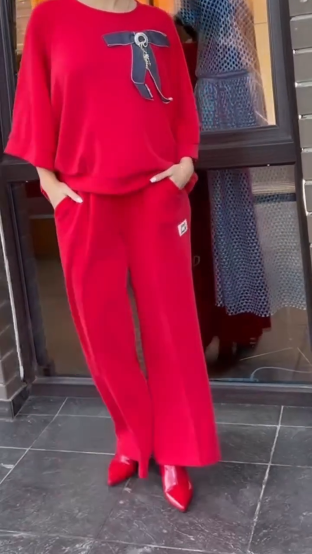 Vibrant Red Oversized Two-Piece Set: Bow Detail Top + Wide Leg Pants