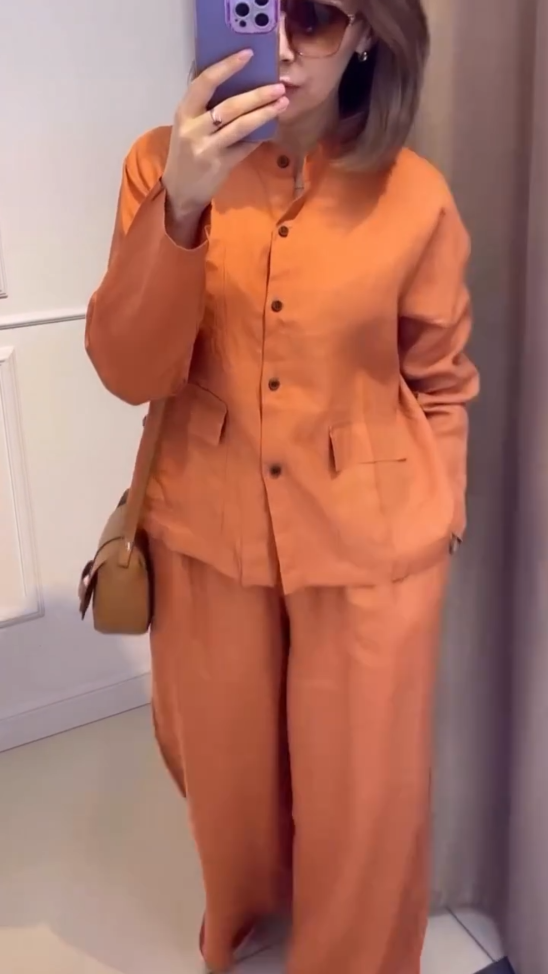 Terracotta Linen Two-Piece Set: Button-Up Shirt + Wide Leg Pants