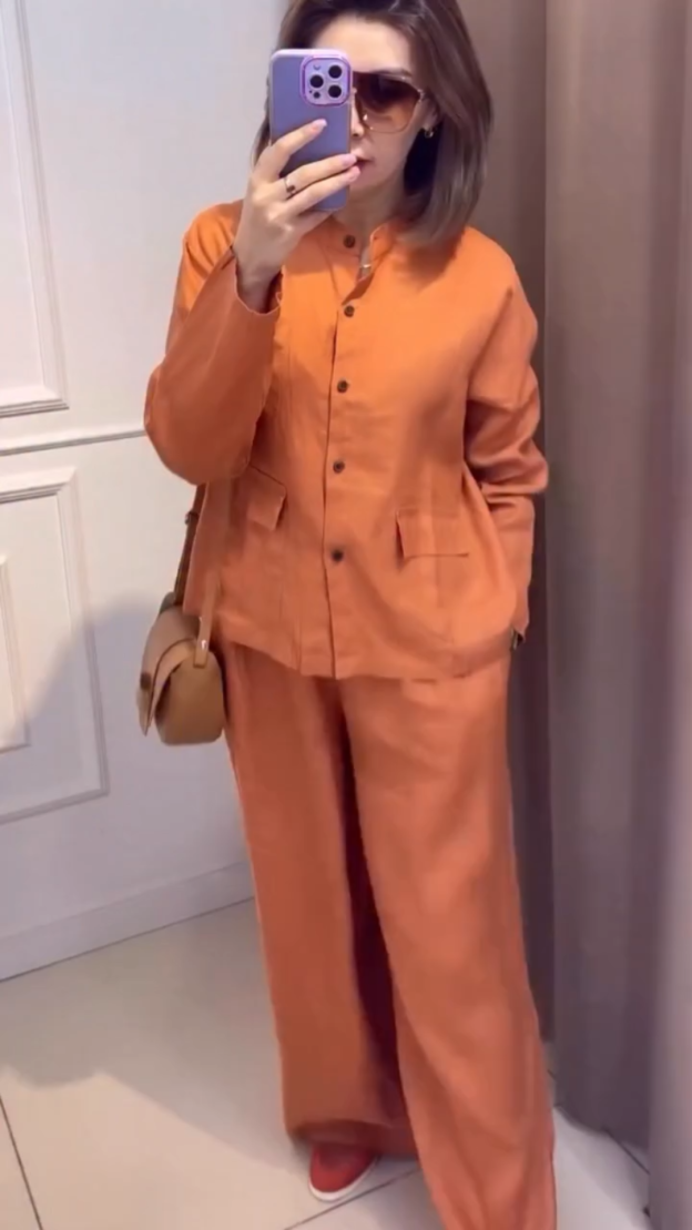 Terracotta Linen Two-Piece Set: Button-Up Shirt + Wide Leg Pants