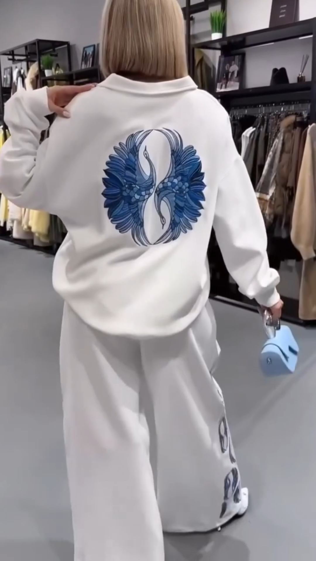 versized Two-Piece Set: Flame Embroidery Half-Zip Top + Wide Leg Pants