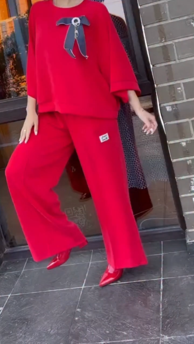 Vibrant Red Oversized Two-Piece Set: Bow Detail Top + Wide Leg Pants