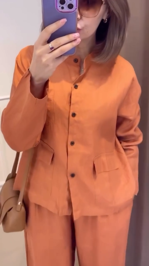 Terracotta Linen Two-Piece Set: Button-Up Shirt + Wide Leg Pants