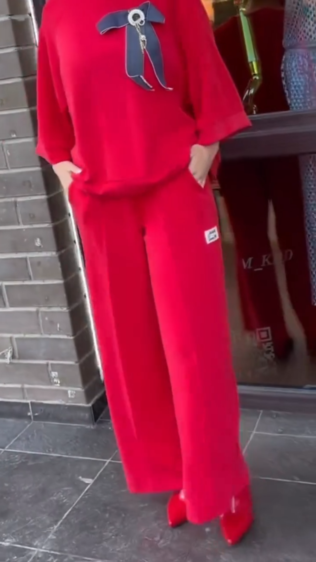 Vibrant Red Oversized Two-Piece Set: Bow Detail Top + Wide Leg Pants
