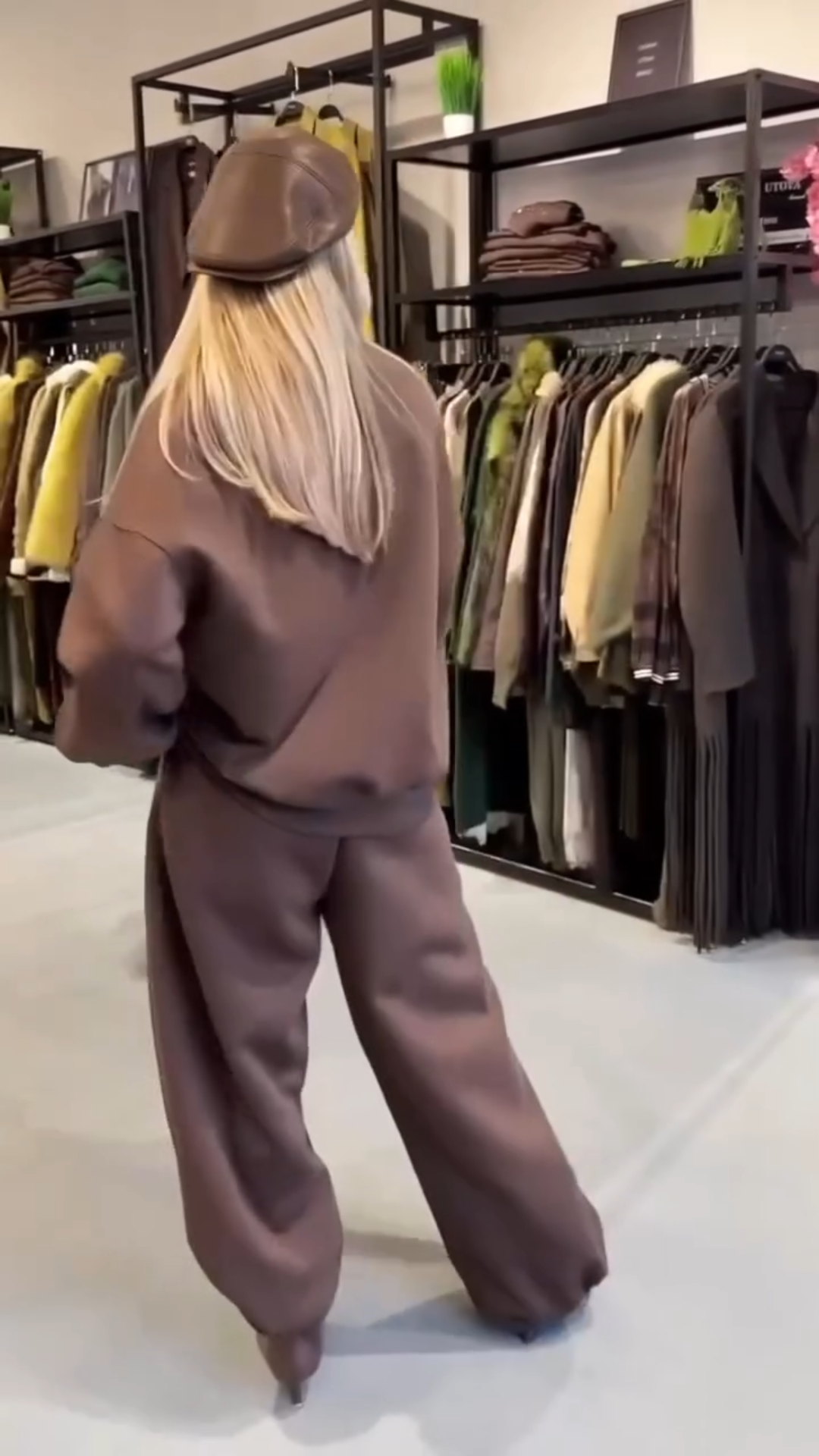 Chocolate Brown Oversized Two-Piece Set: Half-Zip Sweatshirt with Bow Embroidery + Wide Leg Pants