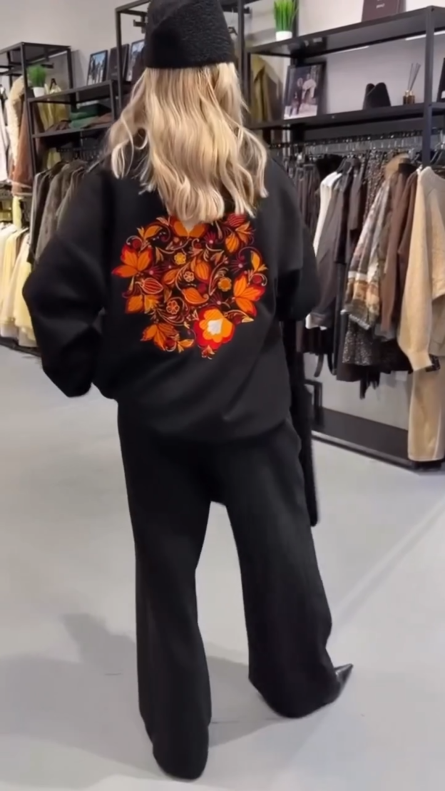 versized Two-Piece Set: Flame Embroidery Half-Zip Top + Wide Leg Pants