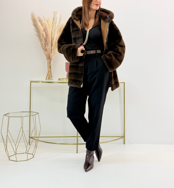 Reversible Mocha Suede & Dark Brown Faux Fur Coat (Hooded + Contrast Trim Detail)